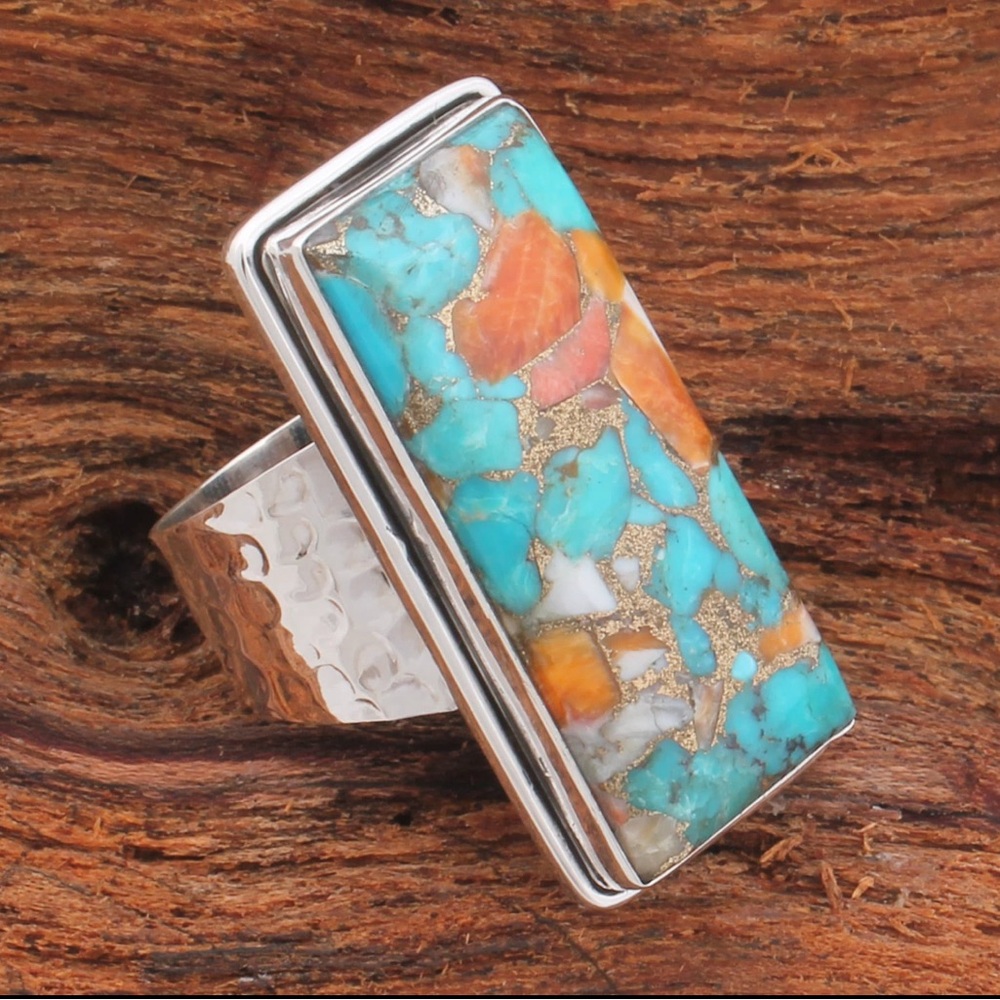 Turquoise and Orange Silver Ring